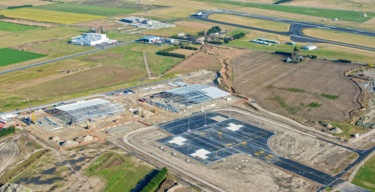 Aerial image of Christchurch International Airport Project Kererū, a parcel logistics area with dedicated taxiway and apron